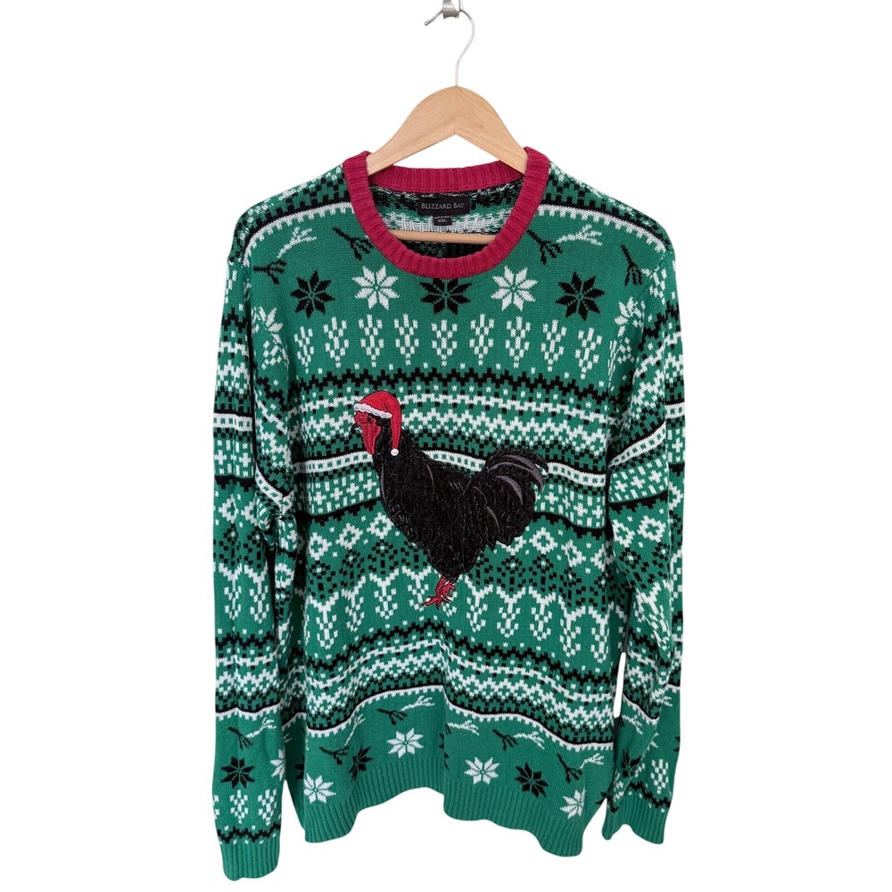 Blizzard Bay Mens Ugly Christmas Sweater Rooster Santa Hat Green Fair Isle XXL